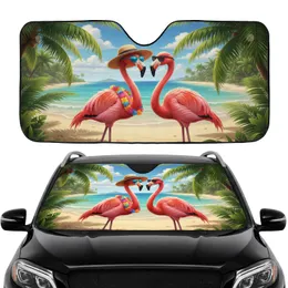 Flamingos Palm Trees Beach Scene - Beach Lover Travel Essentials Car Sunshade