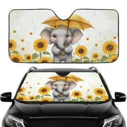 Gray Baby Elephant Golden Umbrella Sunflowers Raindrops - Wildlife Lover Car Accessory Car Sunshade