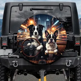 Border Collie French Bulldog Driving City Night - Dog Lover Gift Spare Tire Cover