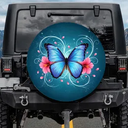 Iridescent Blue Morpho Butterfly Pink Hibiscus Glowing Swirls Celestial - Wildlife Lover Spare Tire Cover