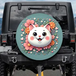Friendly Plump White Cat Pink Orange Flowers Hearts Teal Background - Cat Lover Gift Spare Tire Cover