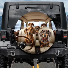 Five Dachshunds Driving Luxury Car Urban Scene - Pet Owner Auto Accessory Spare Tire Cover