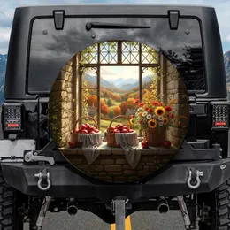 Stone Window Baskets Red Apples Wildflowers Autumn View - Farmhouse Decor Gift Spare Tire Cover