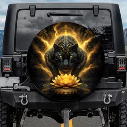 Black Panther Golden Lotus Glowing Eyes Ornate Swirls - Wildlife Lover Decor Gift Spare Tire Cover