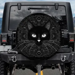 Black Cat White Eyes Whiskers Dark Cosmic Elements - Cat Lover Decor Gift Spare Tire Cover