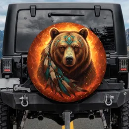 Grizzly Bear Amber Eyes Teal Gold Tribal Feathers Turquoise Beads Golden Ember Gift Spare Tire Cover