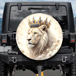 Majestic White Lion Head Golden Crown Jesus - Spiritual Faith Gift for Believers Spare Tire Cover