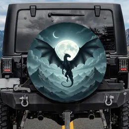 Majestic Winged Dragon Full Moon Mountain Night Sky - Fantasy Lover Gift Spare Tire Cover