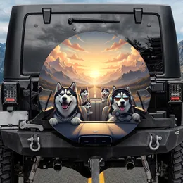 Happy Siberian Huskies Mountain Road Trip - Adventure Lover Gift for Husky Fans Spare Tire Cover