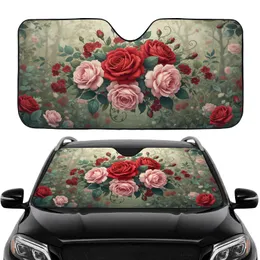 Red Pink Roses Green Teal Leaves Botanical Garden Floral Clusters - Everyday Car Accessory Car Sunshade