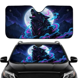 Black Wolf Neon Streaks Luminous Moon - Night Drive Gift Car Sunshade