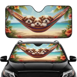 Shih Tzu Puppies Hammock Tropical Flowers Beach Ocean - Dog Lover Gift Car Sunshade