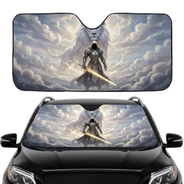 Ethereal White Lion, Armored Figure Golden Sword - Epic Fantasy Fan Gift for Adventure Lovers Car Sunshade