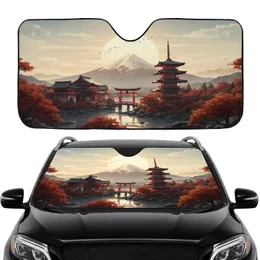Mount Fuji Japanese Shrine Pagoda Torii Gate Rising Sun Autumn Scene Car Sunshade