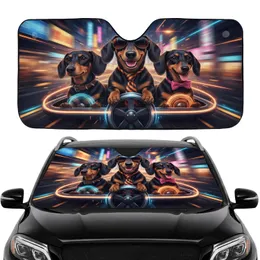 Dachshunds with Sunglasses & Tie Racing Night Cityscape - Dachshund Lover Auto Enthusiast Gift Car Sunshade