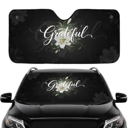 Grateful Script White Lily Floral Deep Black - Meaningful Inspiration Gift Car Sunshade