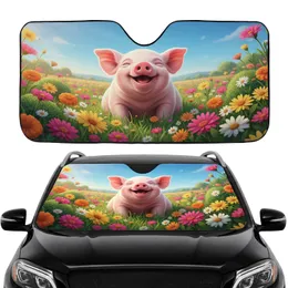 Smiling Baby Pig Colorful Wildflower Field Blue Sky - Car Decor Gift for Animal Lovers Car Sunshade