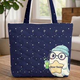 Ghost With Glasses Beanie Holding Star Name - Star Moon Night Sky Everyday Carryall Quilted Tote Bag