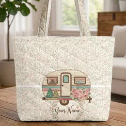 Vintage Camper Trailer Wildflower Floral Wreath - Road Trip Adventure Gift for Camping Lover Quilted Tote Bag