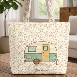Vintage Camper Trailer Rose Floral Wreath - Everyday Travel Tote Quilted Tote Bag
