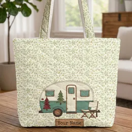 Vintage Camper Trailer Pine Trees Wildflower Leaves - Farmhouse Decor Camping Gift Quilted Tote Bag