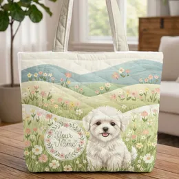 Bichon Frise Puppy Wildflower Hills - Personalized Everyday Dog Lover Gift Quilted Tote Bag