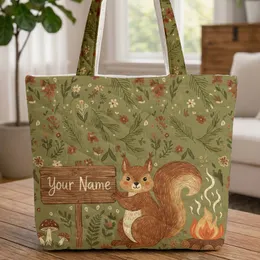 Forest Squirrel Campfire Wooden Sign Pine Needles Wildflowers - Woodland Lover Gift Quilted Tote Bag