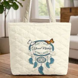 Ornate Dreamcatcher Butterfly Pearl Flowers Feathers Cream Floral Leaf - Boho Home Decor Gift Quilted Tote Bag