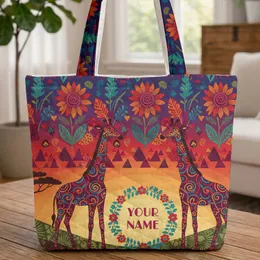 Giraffes Sunflowers Acacia Tree Sunset with Name - Folk Art Wildlife Lover Gift Quilted Tote Bag