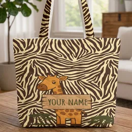 Baby Giraffe Acacia Trees Personalized Sign Zebra Stripes - Wildlife Safari Gift Quilted Tote Bag