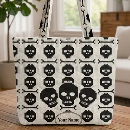 Ornate Black Skull Faces Bones Your Name Everyday Tote for Skull Lover Quilted Tote Bag