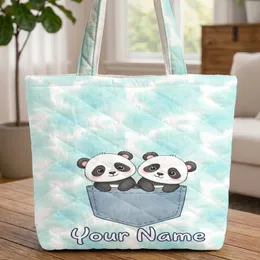 Cartoon Baby Pandas Peeking Denim Pocket - Animal Lover Gift for Kids Quilted Tote Bag