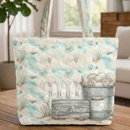 Seashell Bucket White Picket Fence - Coastal Home Decor Beach Lover Gift Quilted Tote Bag
