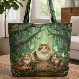 Fluffy Calico Tabby Cats Forest Mushrooms Toadstools - Cat Lover Gift Quilted Tote Bag
