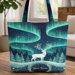 Majestic Deer Aurora Pine Forest Starry Night Winter Gift Quilted Tote Bag