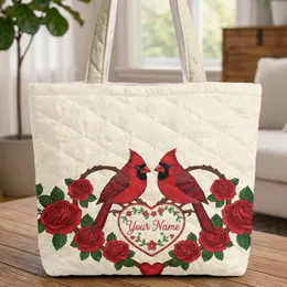 Cardinal Couple Red Roses Heart Personalized Love Gift for Couples Quilted Tote Bag