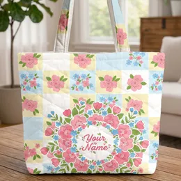 Wavy Border Checkerboard Cherry Blossom Blue Flower Floral Bouquet - Everyday Gift Quilted Tote Bag