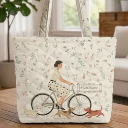 Elegant Woman Vintage Bicycle Puppies Wildflowers - Puppy Lover Gift Quilted Tote Bag
