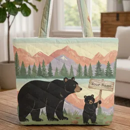 Black Bears Mountain Landscape Personalized Name - Wildlife Lover Gift Quilted Tote Bag