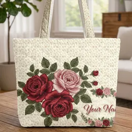 Lush Ribbon Embroidery Roses Rosebud Name Wreath - Birthday Gift for Her Quilted Tote Bag