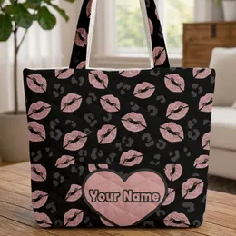 Pink Kiss Mark Leopard Spots Heart - Personalized Everyday Accessory Gift for Her Quilted Tote Bag