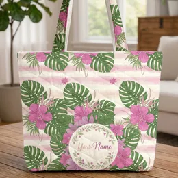Personalized Your Name Monstera Tropical Floral Wreath - Birthday Gift Quilted Tote Bag