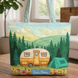 Vintage Travel Trailer Tent Wildflower Meadow Pine Forest - Outdoor Adventure Gift Quilted Tote Bag
