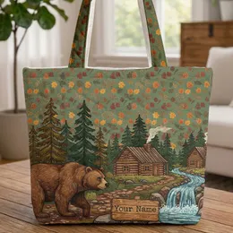 Majestic Brown Bear Rustic Log Cabins - Personalized Woodland Gift Quilted Tote Bag