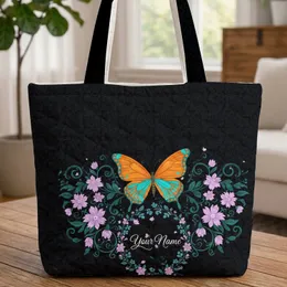 Orange Turquoise Butterfly Lavender Pink Floral Wreath Name - Nature Lover Gift Quilted Tote Bag