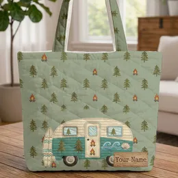 Camper Van Pine Tree Campfire Ocean Waves Camping Lover Gift Quilted Tote Bag