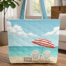 Personalized Weathered Sign Beach Chairs Umbrella - Tranquil Ocean Summer Vacation Gift Quilted Tote Bag