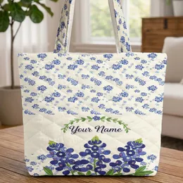 Bluebonnet Flowers Green Leaves Floral Damask Wreath - Everyday Carry Lifestyle Quilted Tote Bag