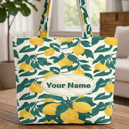 Personalized Yellow Lemon Branch Medallion Green Leaves - Citrus Botanical Gift Quilted Tote Bag