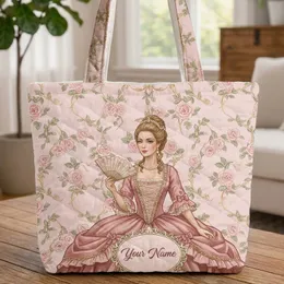 Rococo Woman Gown Fan Tiara Blush Roses Gold Scrollwork - Everyday Tote Quilted Tote Bag